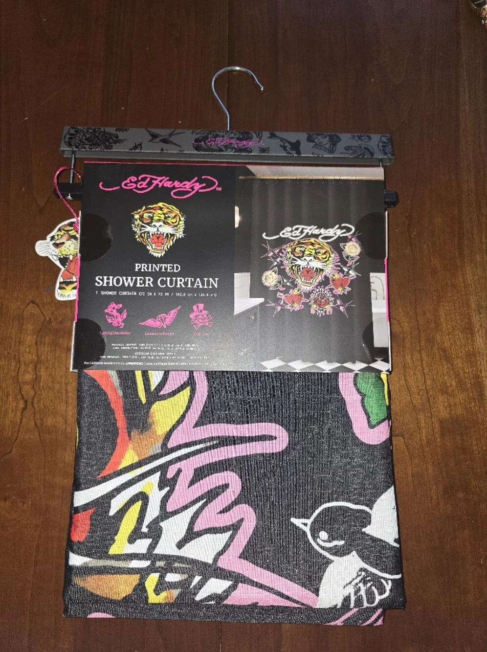 Ed Hardy Black Shower Curtain with Pink, Red and Green Tiger 🐯 Graphic, NWT!